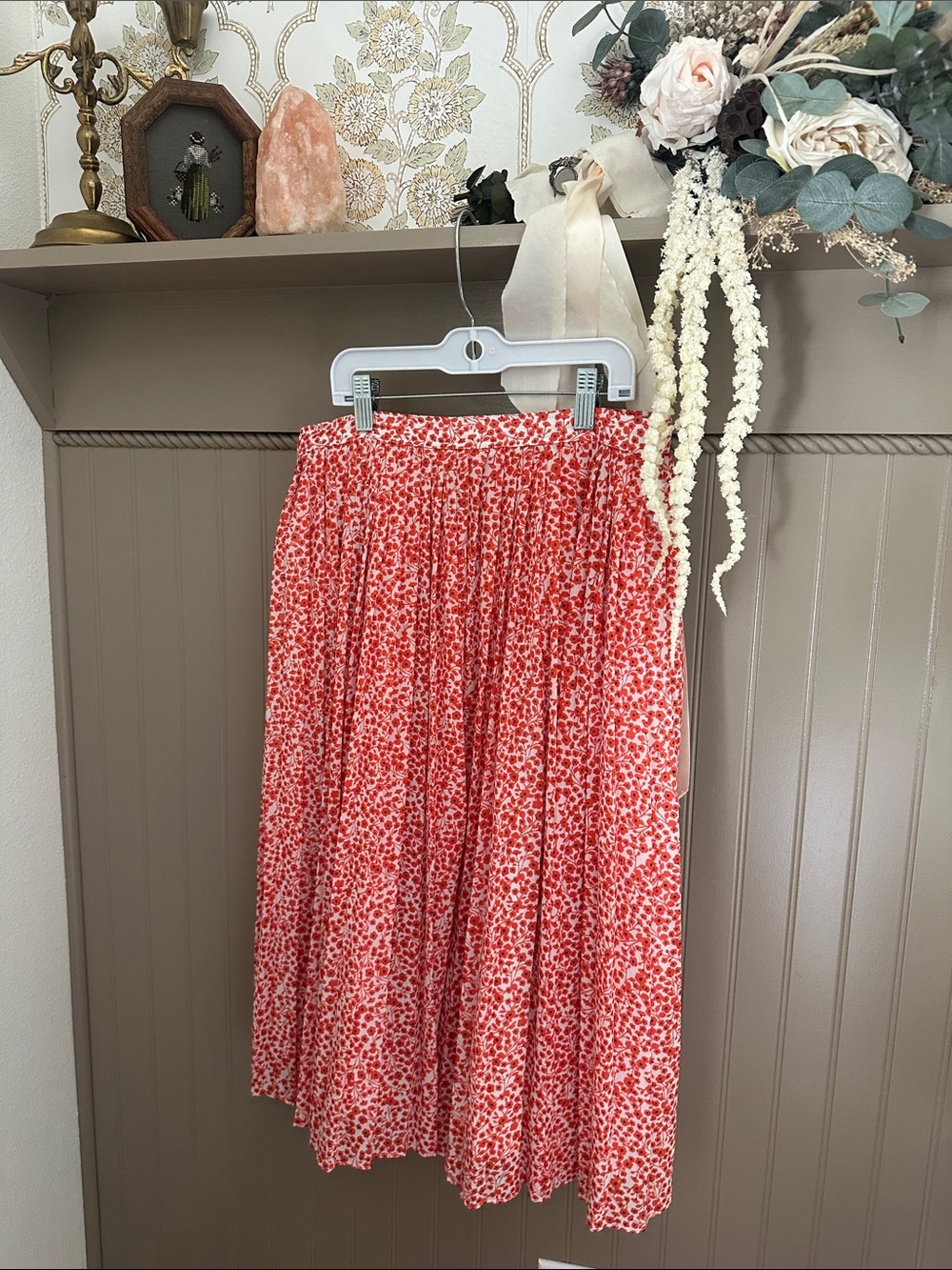 J. Crew Red Floral Pleated Midi Skirt